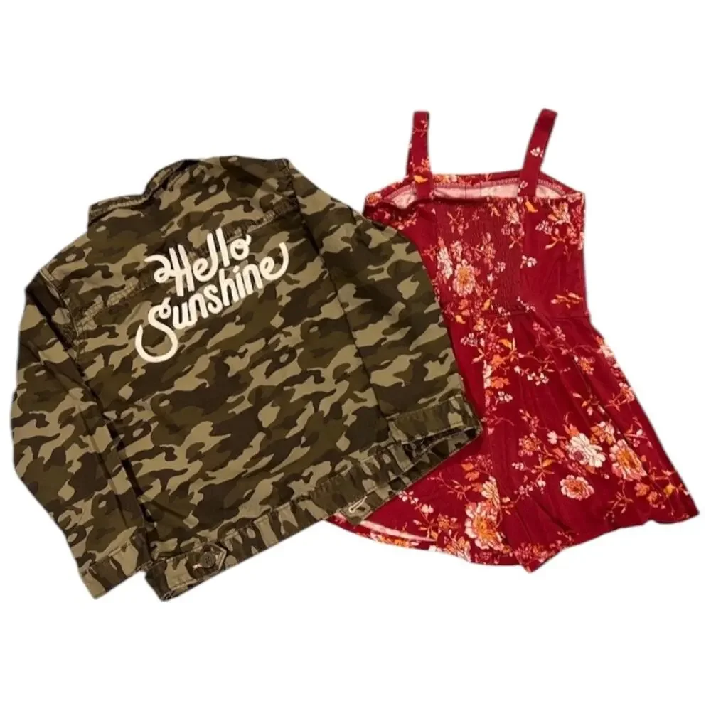 Girls Size M (7/8) Army Jacket and Red Flower Romper